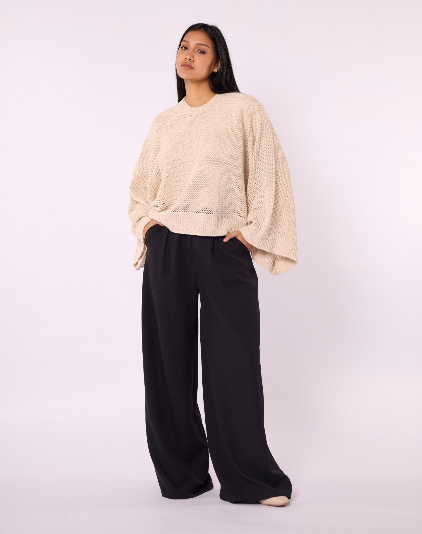 Honeycomb Patterned Batwing Sleeve Knit Blouse