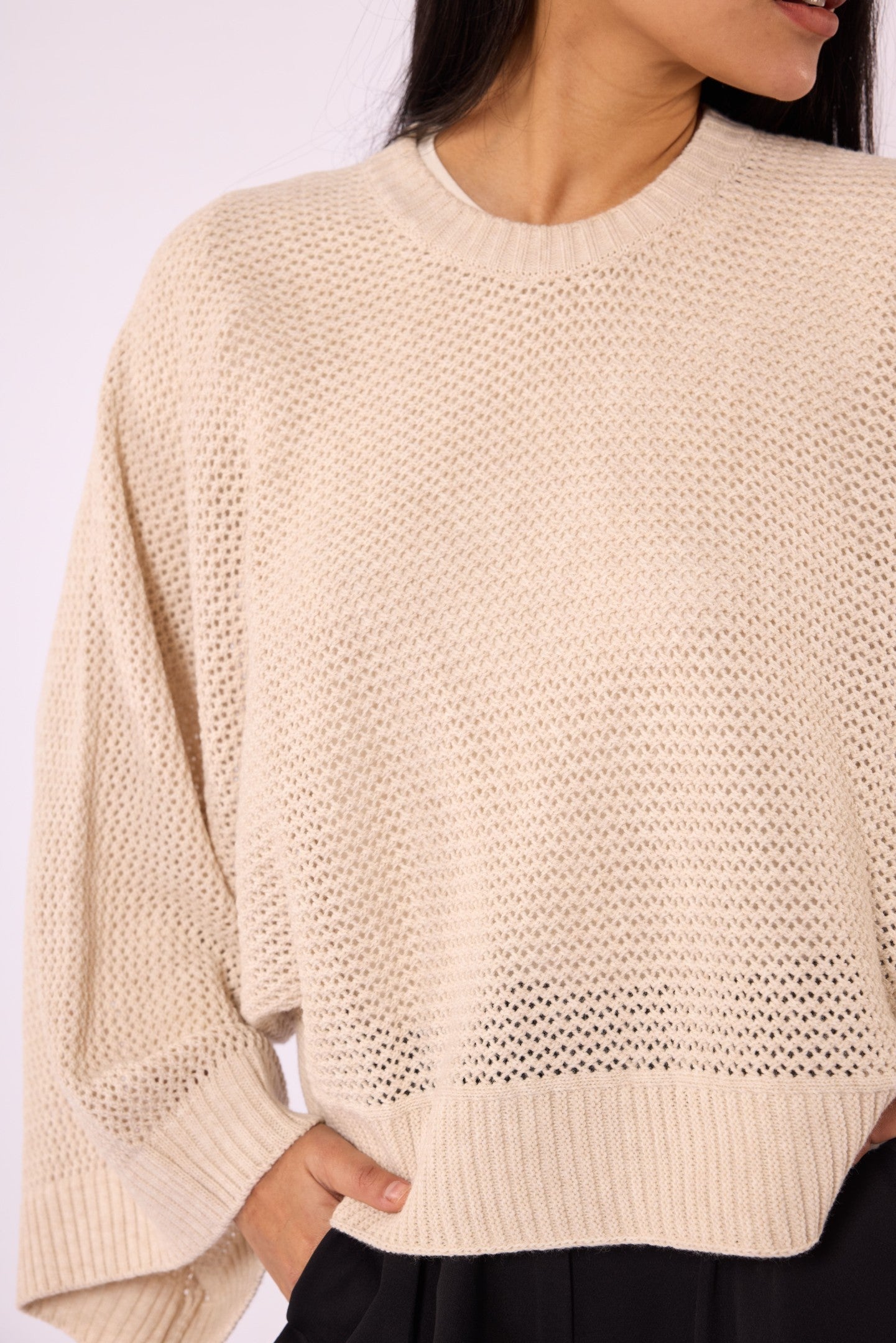 Honeycomb Patterned Batwing Sleeve Knit Blouse