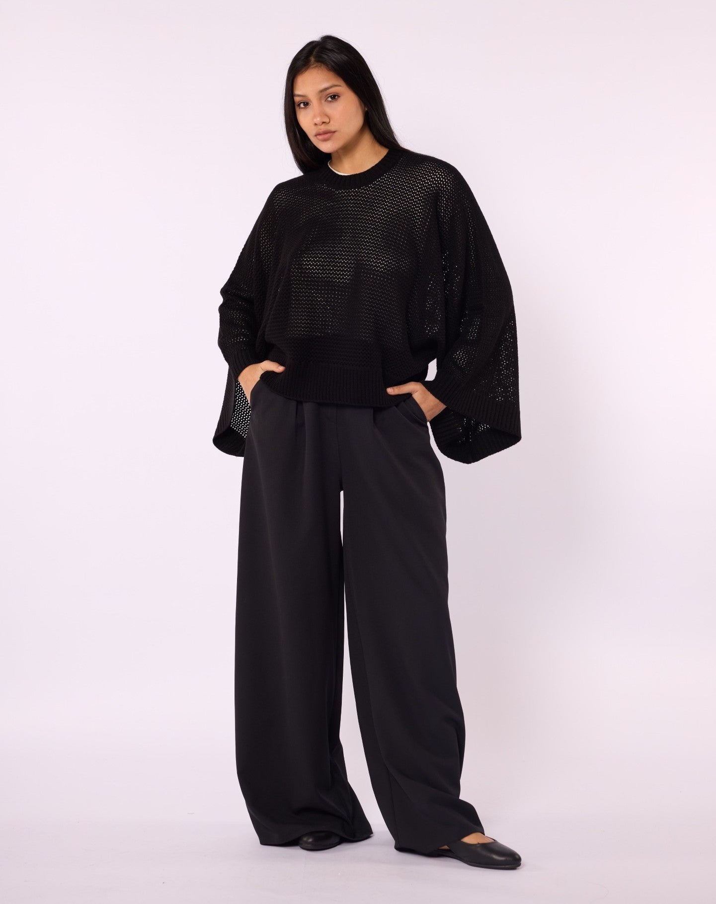 Honeycomb Patterned Batwing Sleeve Knit Blouse