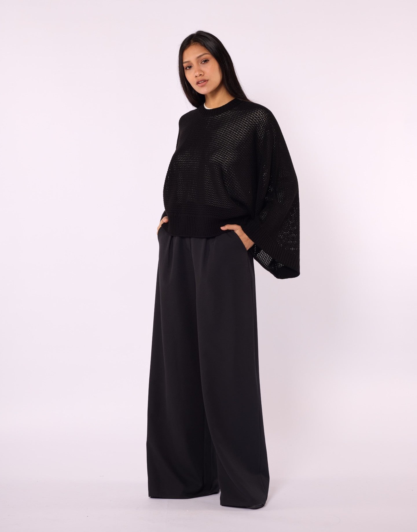 Honeycomb Patterned Batwing Sleeve Knit Blouse