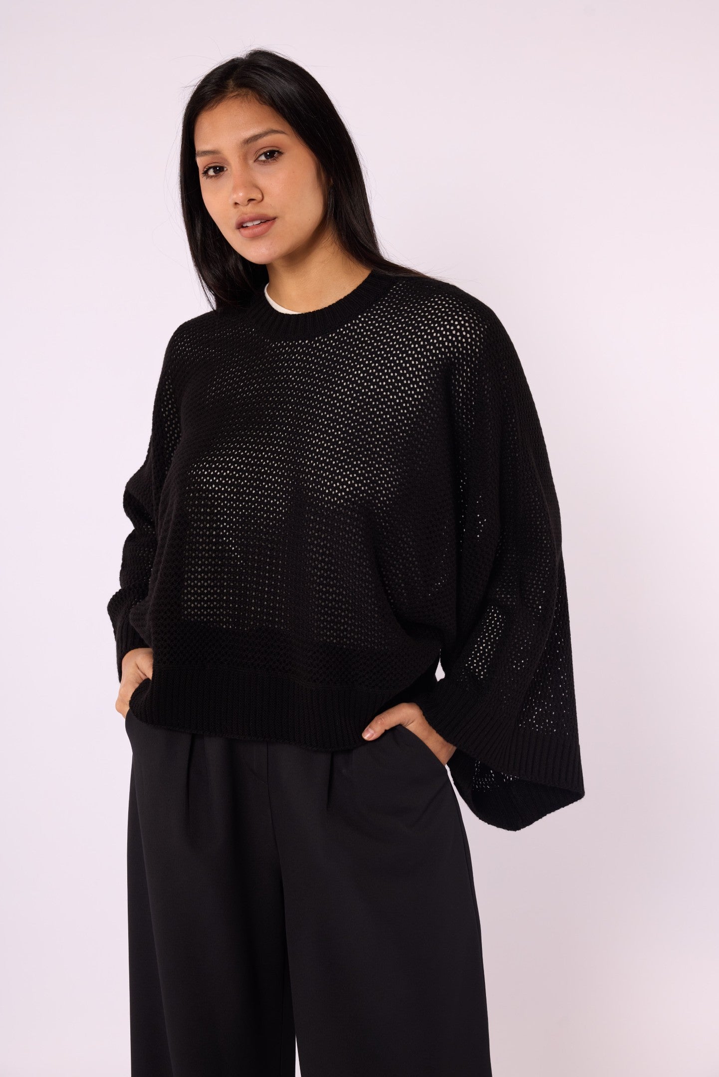 Honeycomb Patterned Batwing Sleeve Knit Blouse