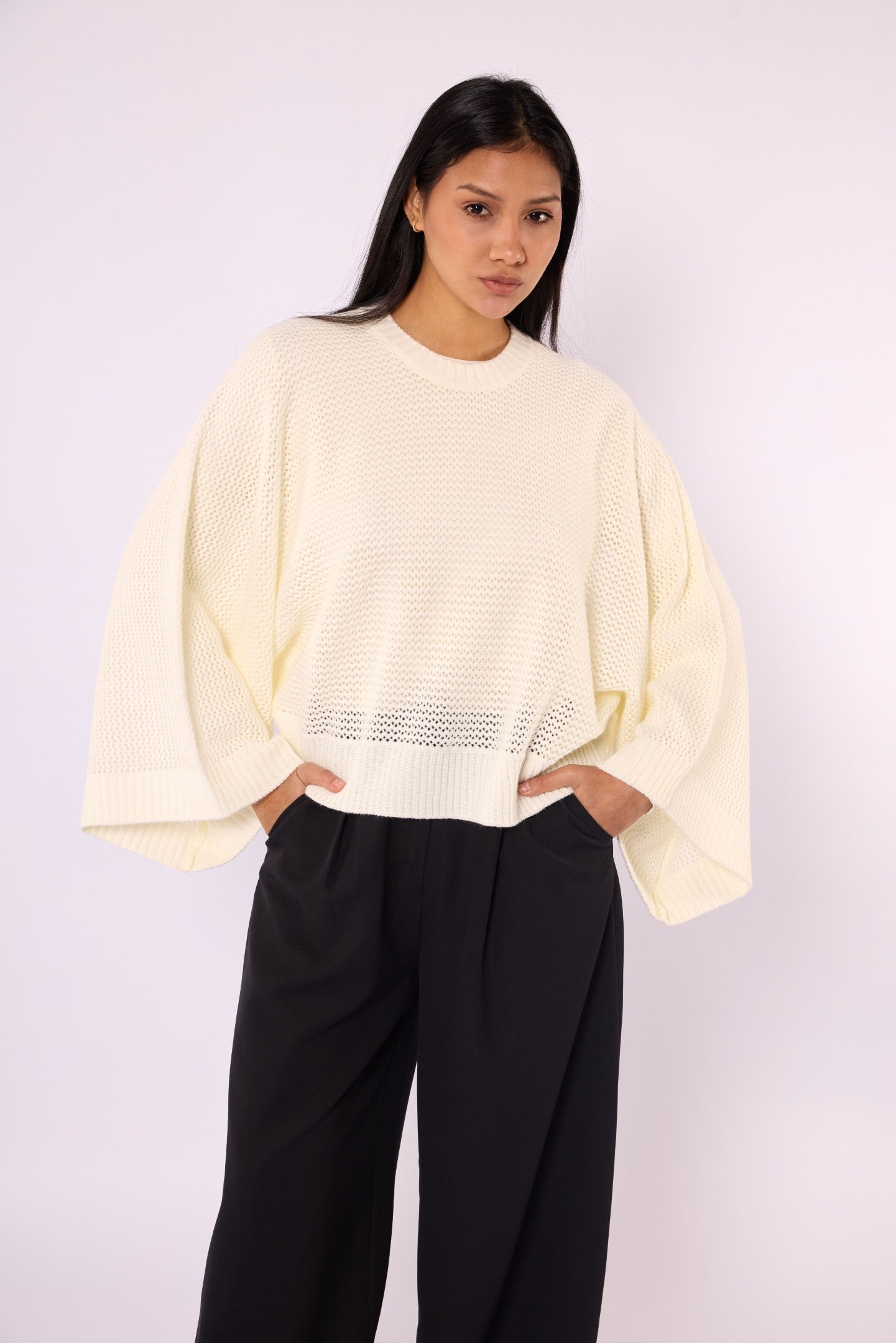 Honeycomb Patterned Batwing Sleeve Knit Blouse