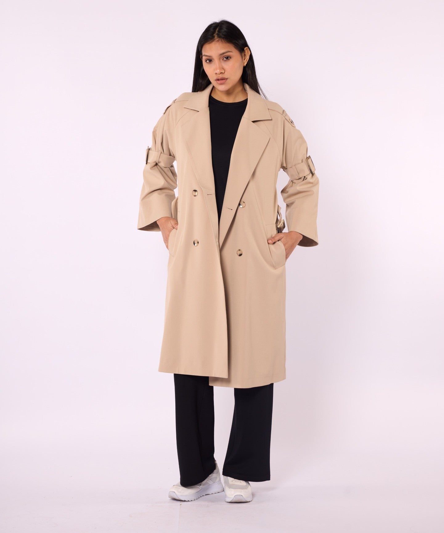 Lined Trench Coat with Double-Breasted Look and Wide Sleeves