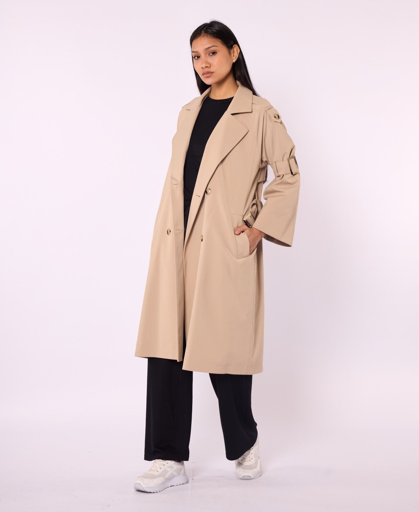 Lined Trench Coat with Double-Breasted Look and Wide Sleeves