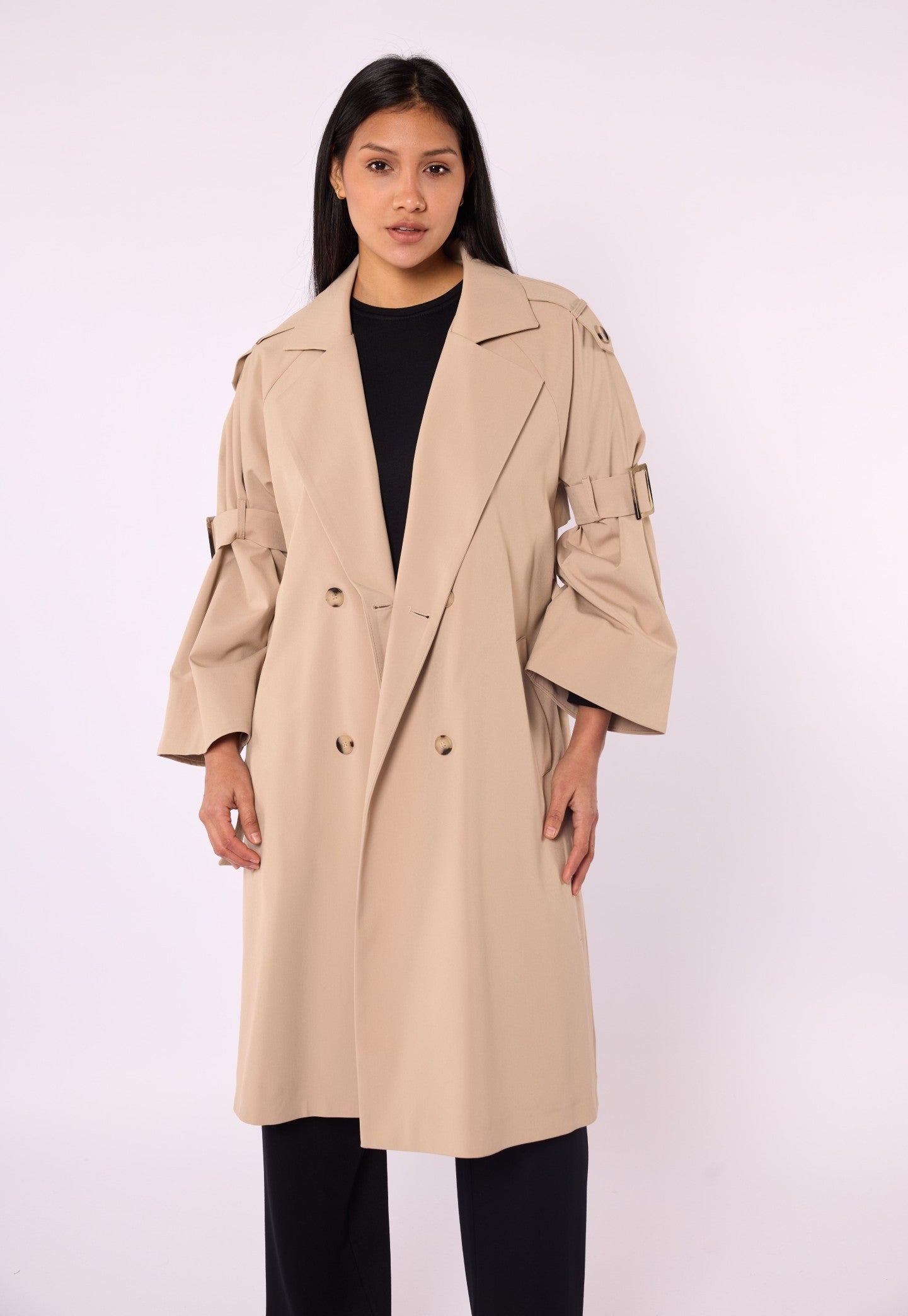 Lined Trench Coat with Double-Breasted Look and Wide Sleeves