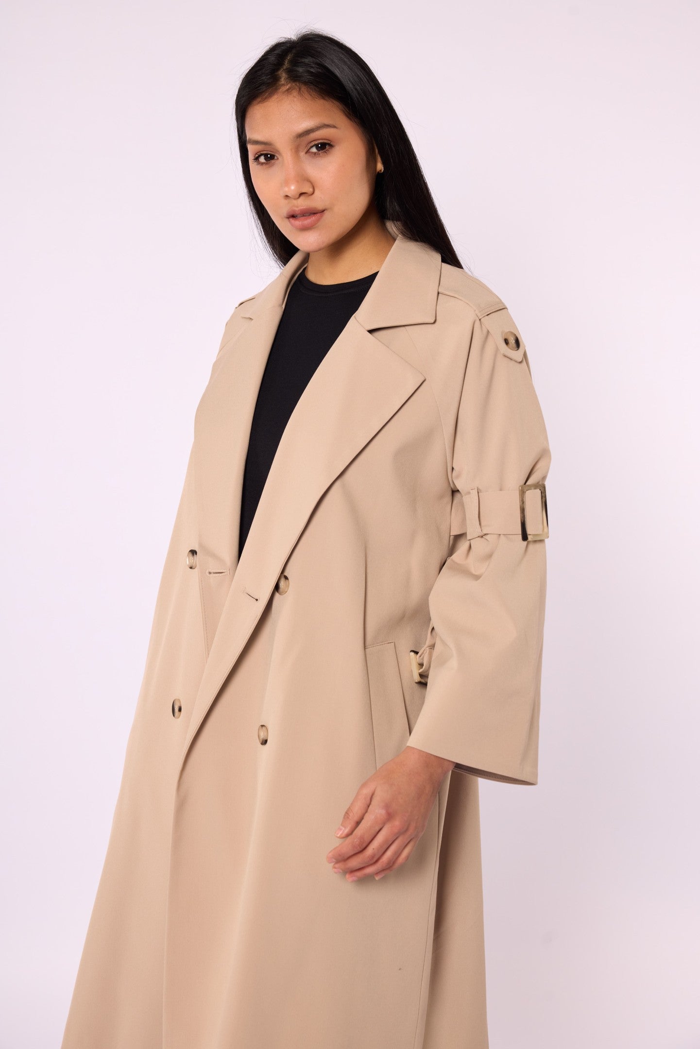 Lined Trench Coat with Double-Breasted Look and Wide Sleeves
