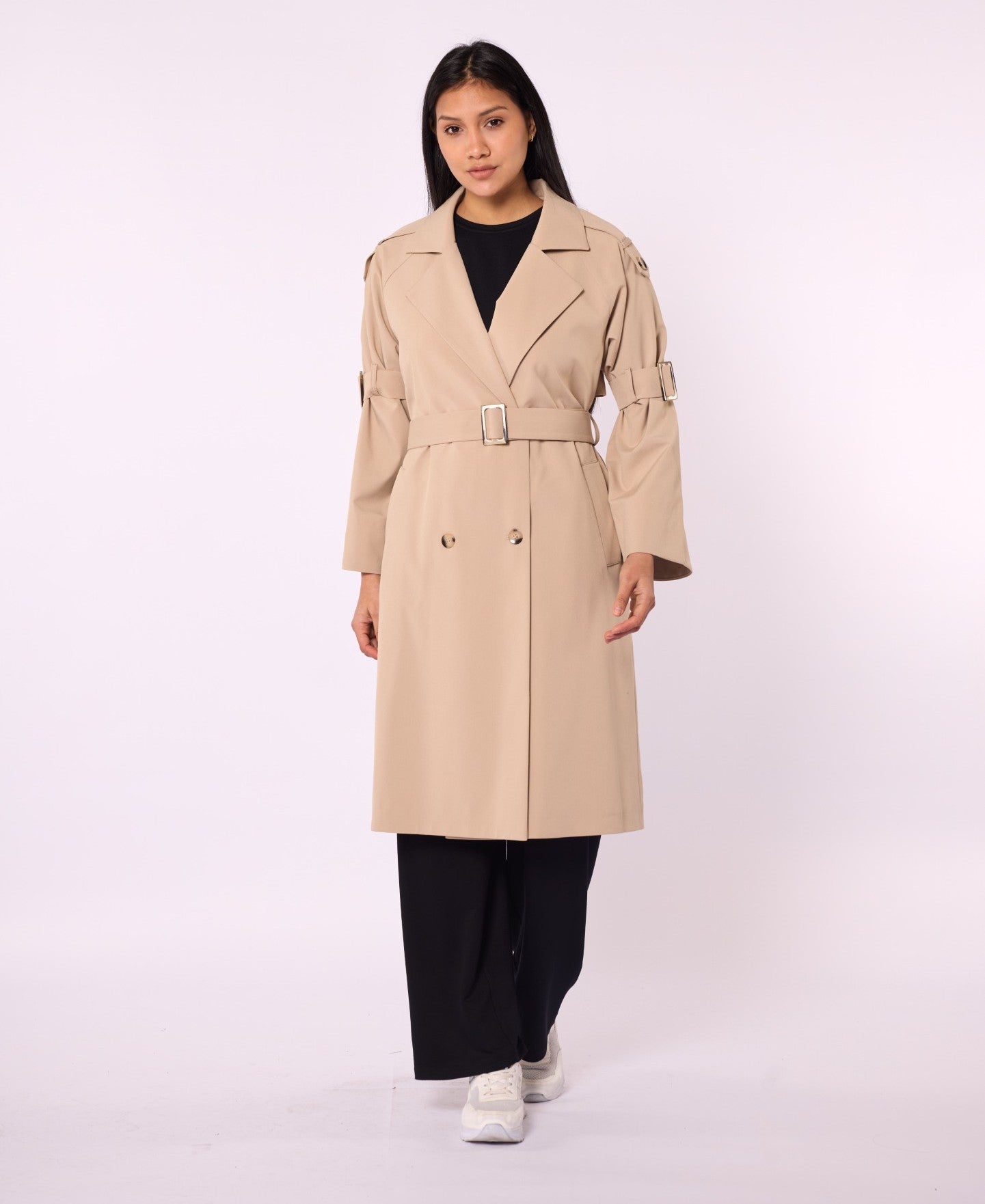 Lined Trench Coat with Double-Breasted Look and Wide Sleeves