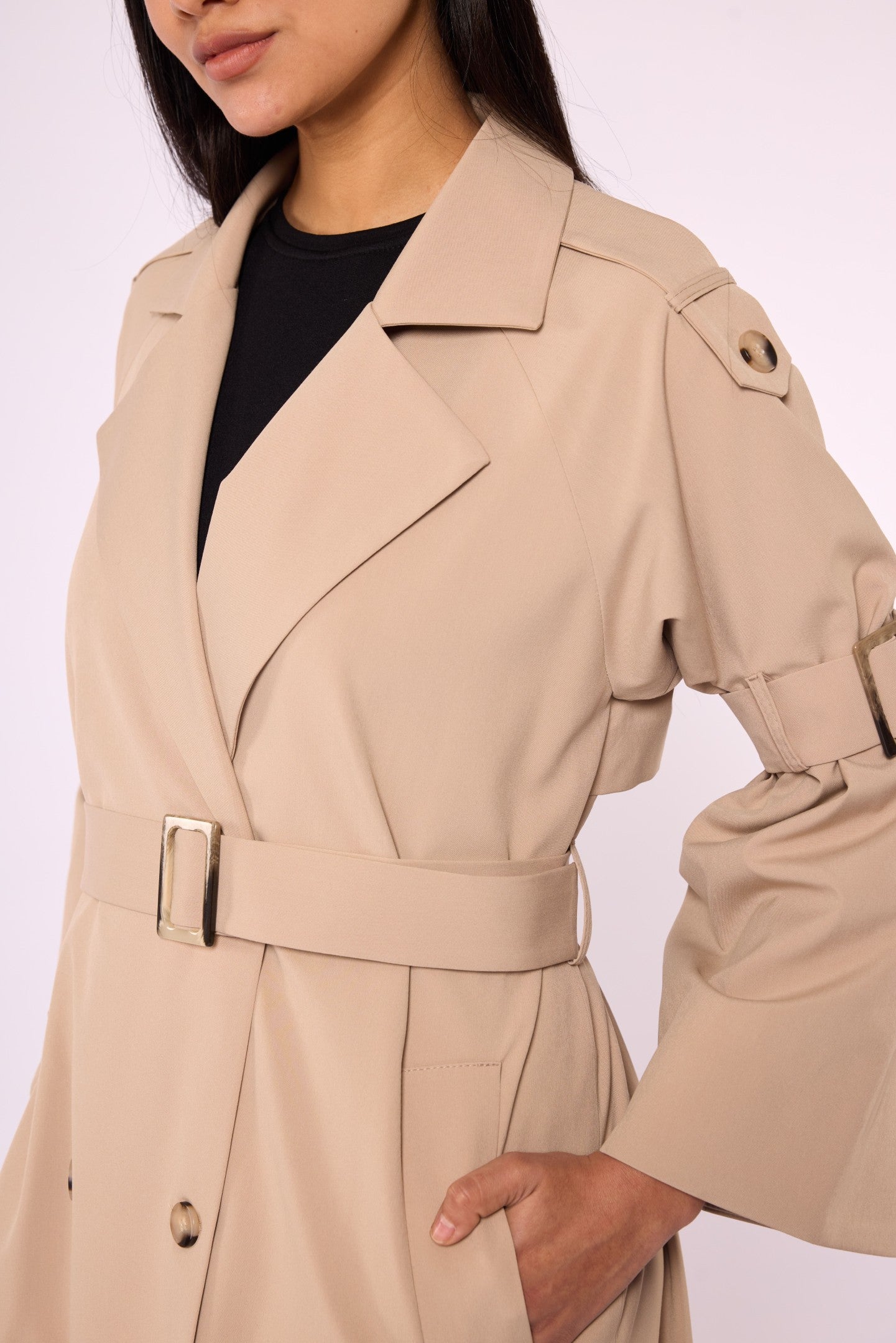 Lined Trench Coat with Double-Breasted Look and Wide Sleeves