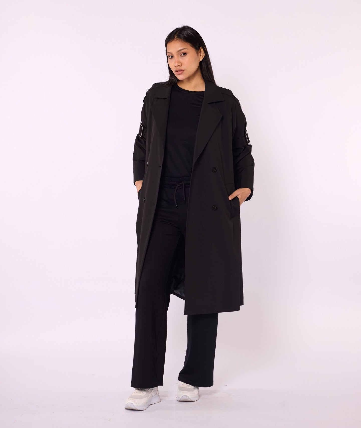 Lined Trench Coat with Double-Breasted Look and Wide Sleeves