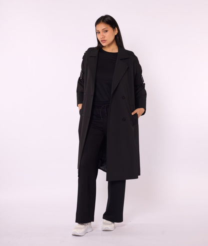 Lined Trench Coat with Double-Breasted Look and Wide Sleeves