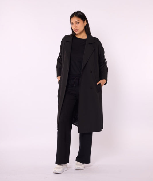 Lined Trench Coat with Double-Breasted Look and Wide Sleeves