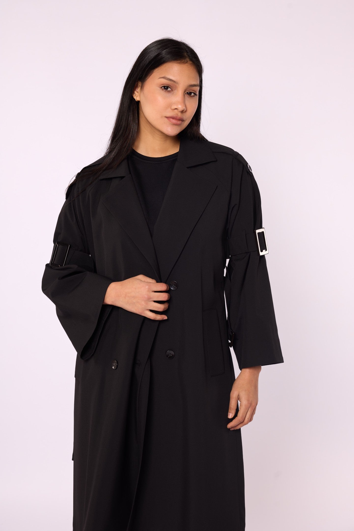 Lined Trench Coat with Double-Breasted Look and Wide Sleeves