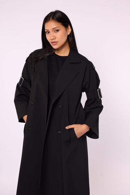 Lined Trench Coat with Double-Breasted Look and Wide Sleeves
