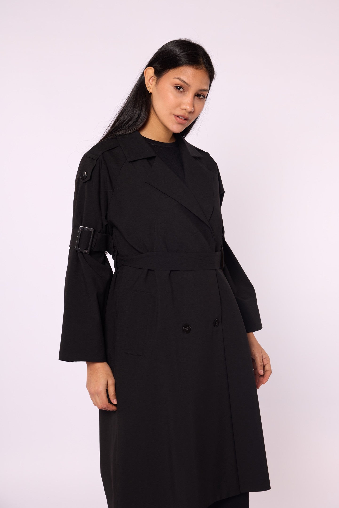 Lined Trench Coat with Double-Breasted Look and Wide Sleeves