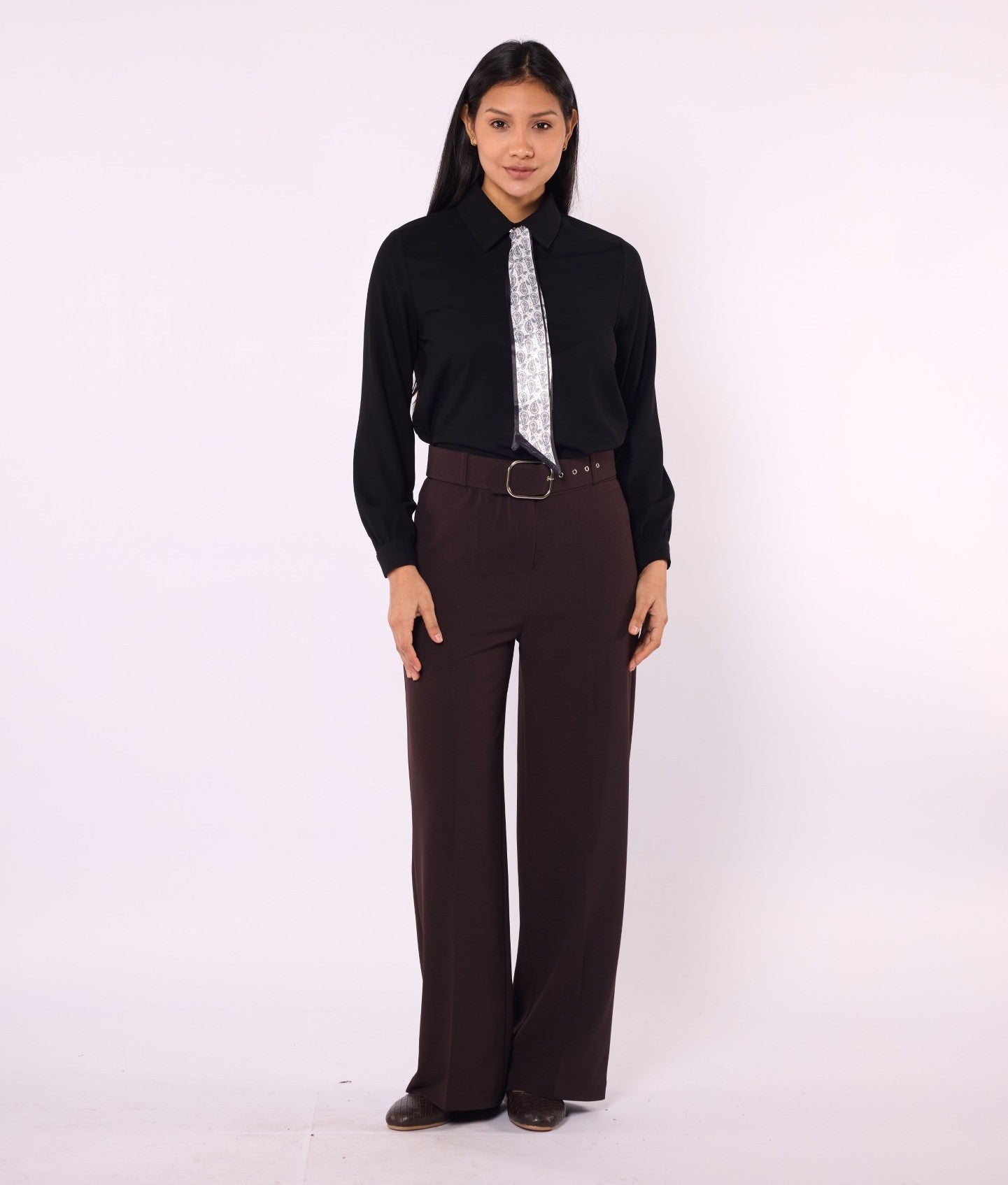 Black Wide Leg Pants With Belt Detail