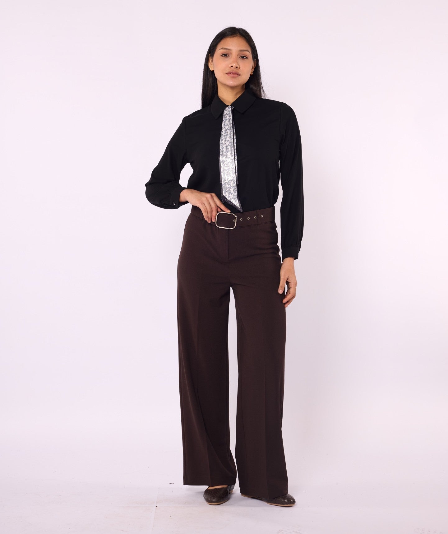 Black Wide Leg Pants With Belt Detail