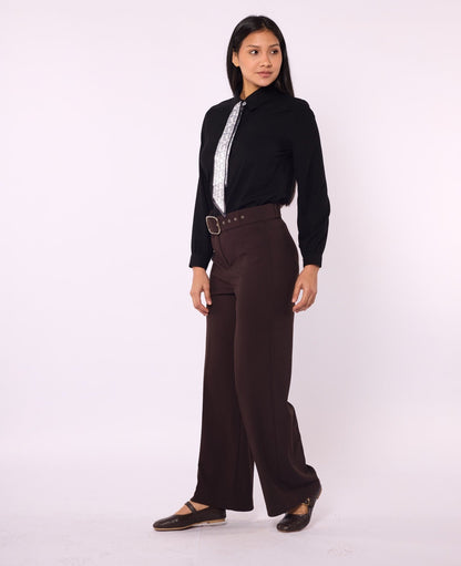 Black Wide Leg Pants With Belt Detail