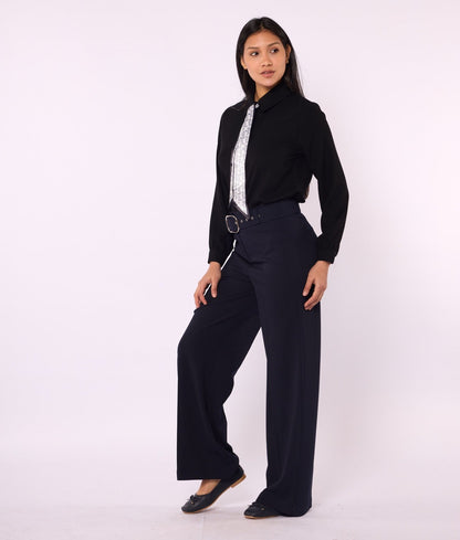 Black Wide Leg Pants With Belt Detail