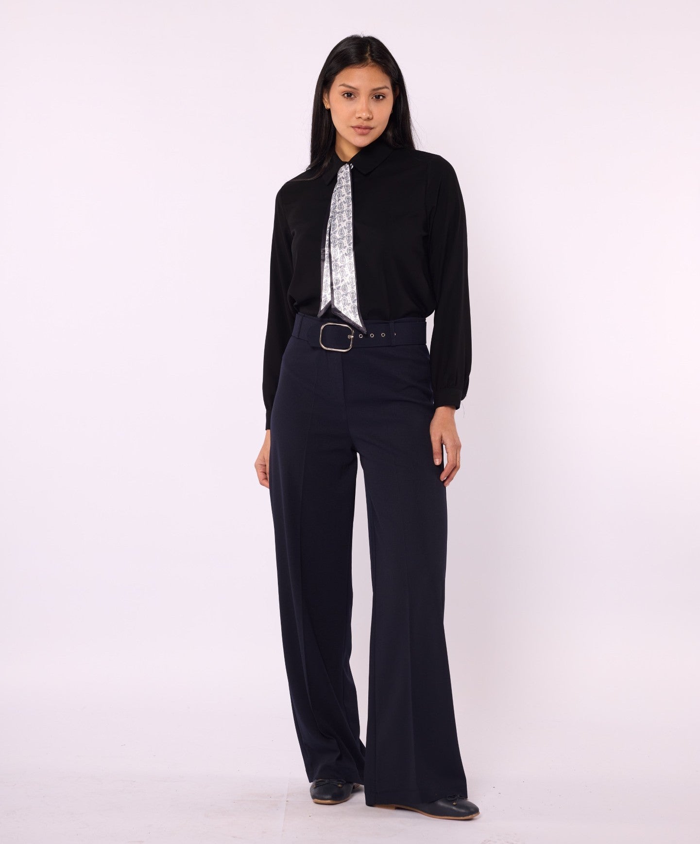 Black Wide Leg Pants With Belt Detail