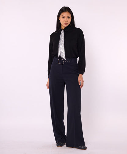 Black Wide Leg Pants With Belt Detail