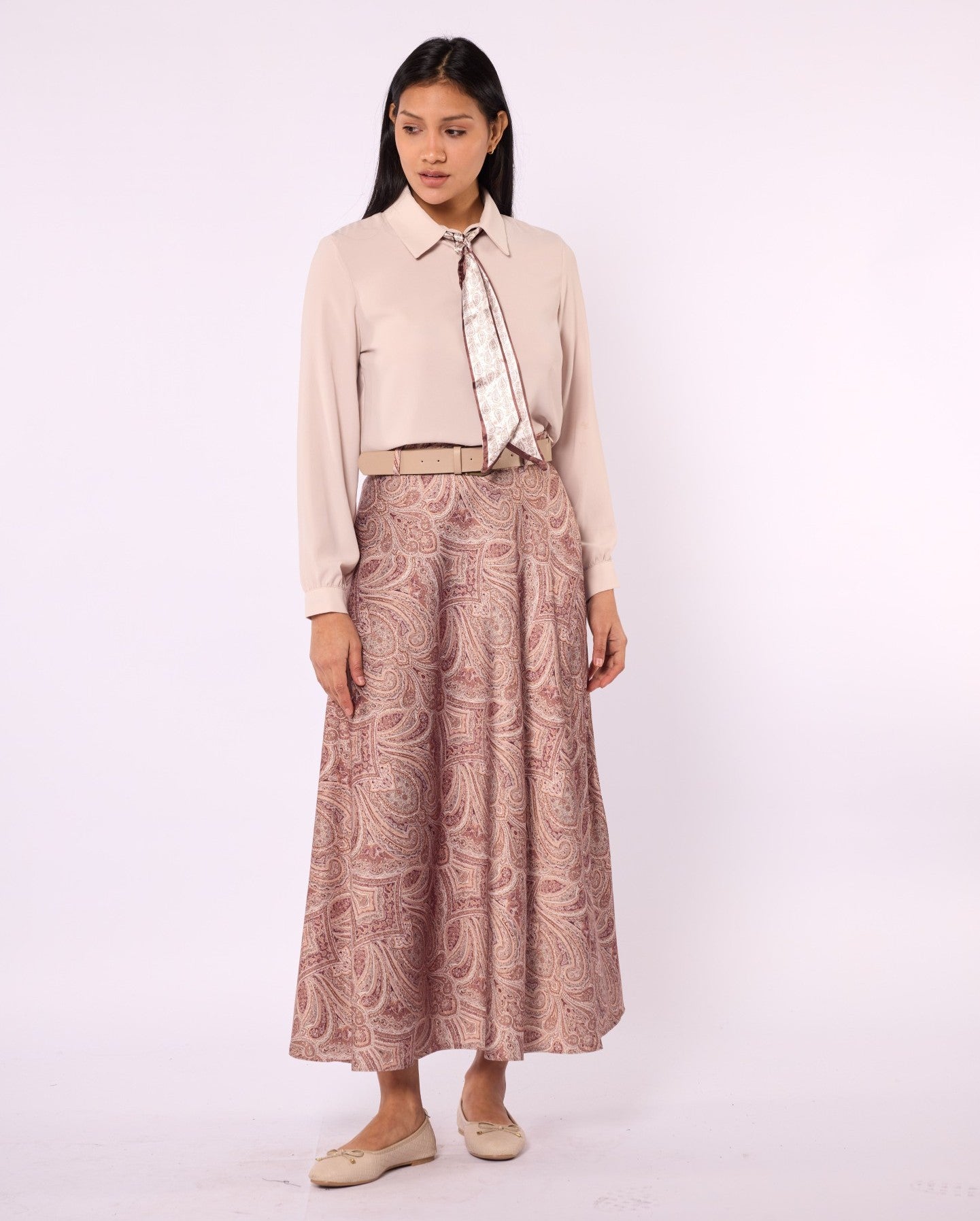 Patterned Satin Skirt with Belt Accessory