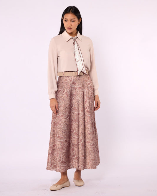 Patterned Satin Skirt with Belt Accessory