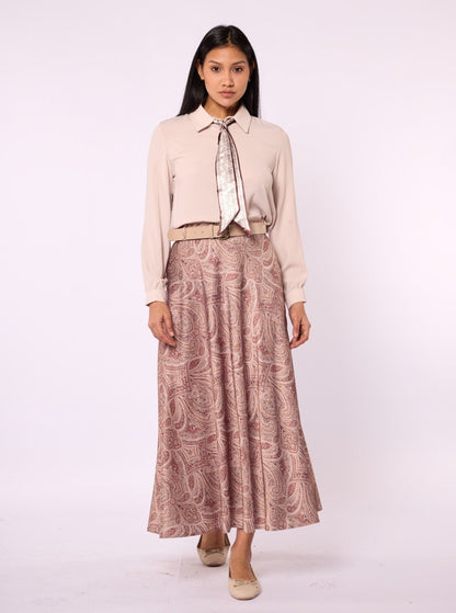 Patterned Satin Skirt with Belt Accessory
