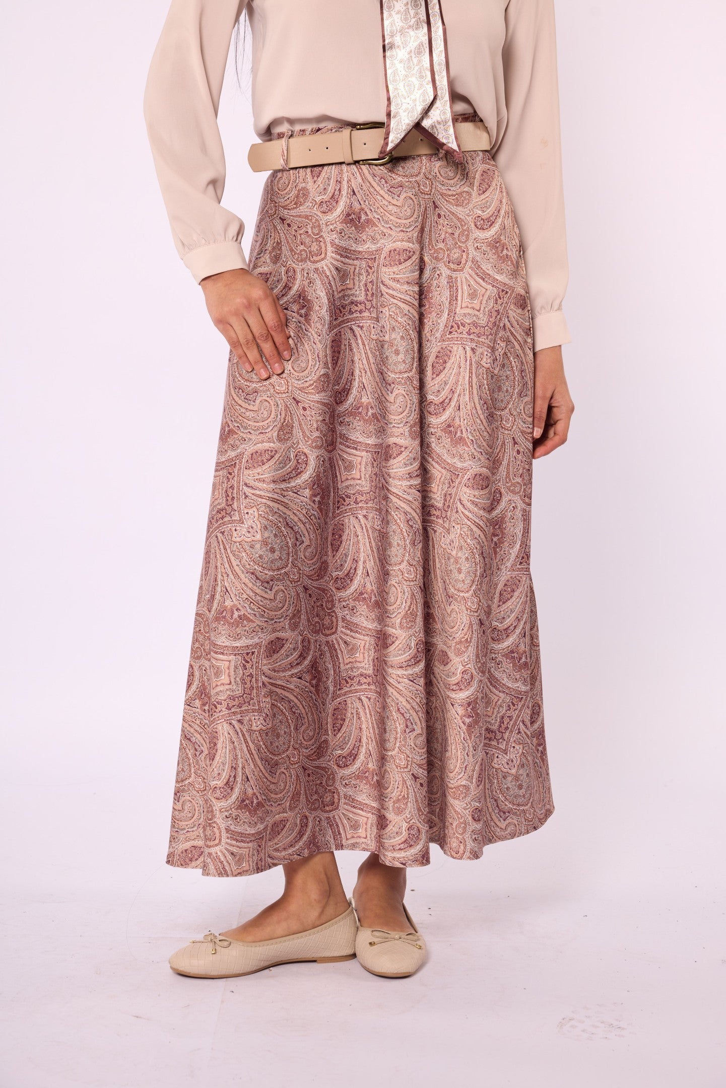 Patterned Satin Skirt with Belt Accessory