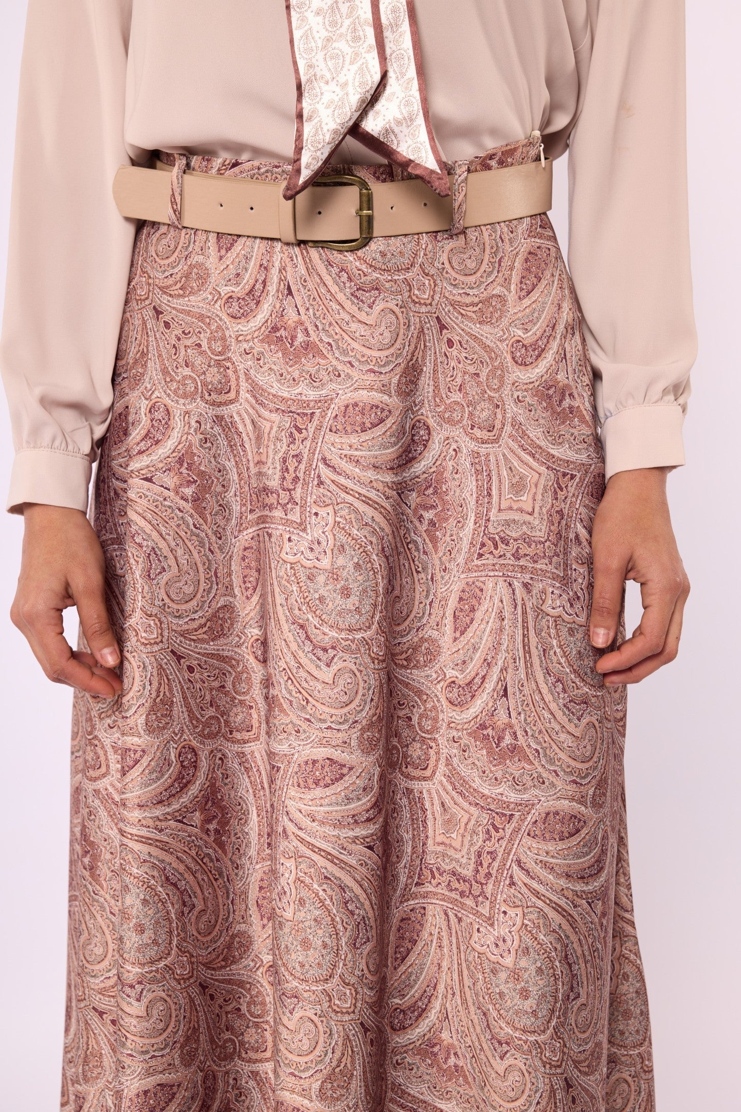 Patterned Satin Skirt with Belt Accessory