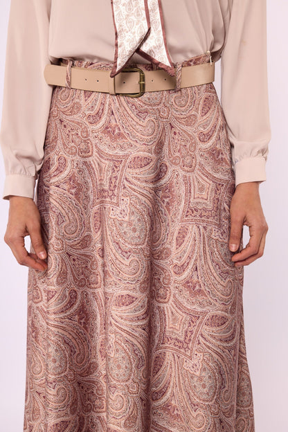 Patterned Satin Skirt with Belt Accessory
