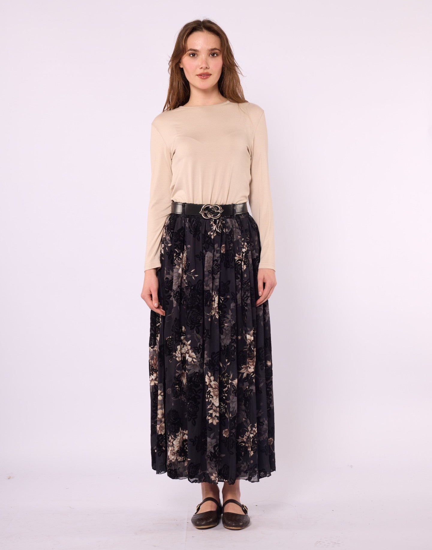 Gathered Chiffon Skirt with Suede Print and Belt Detail