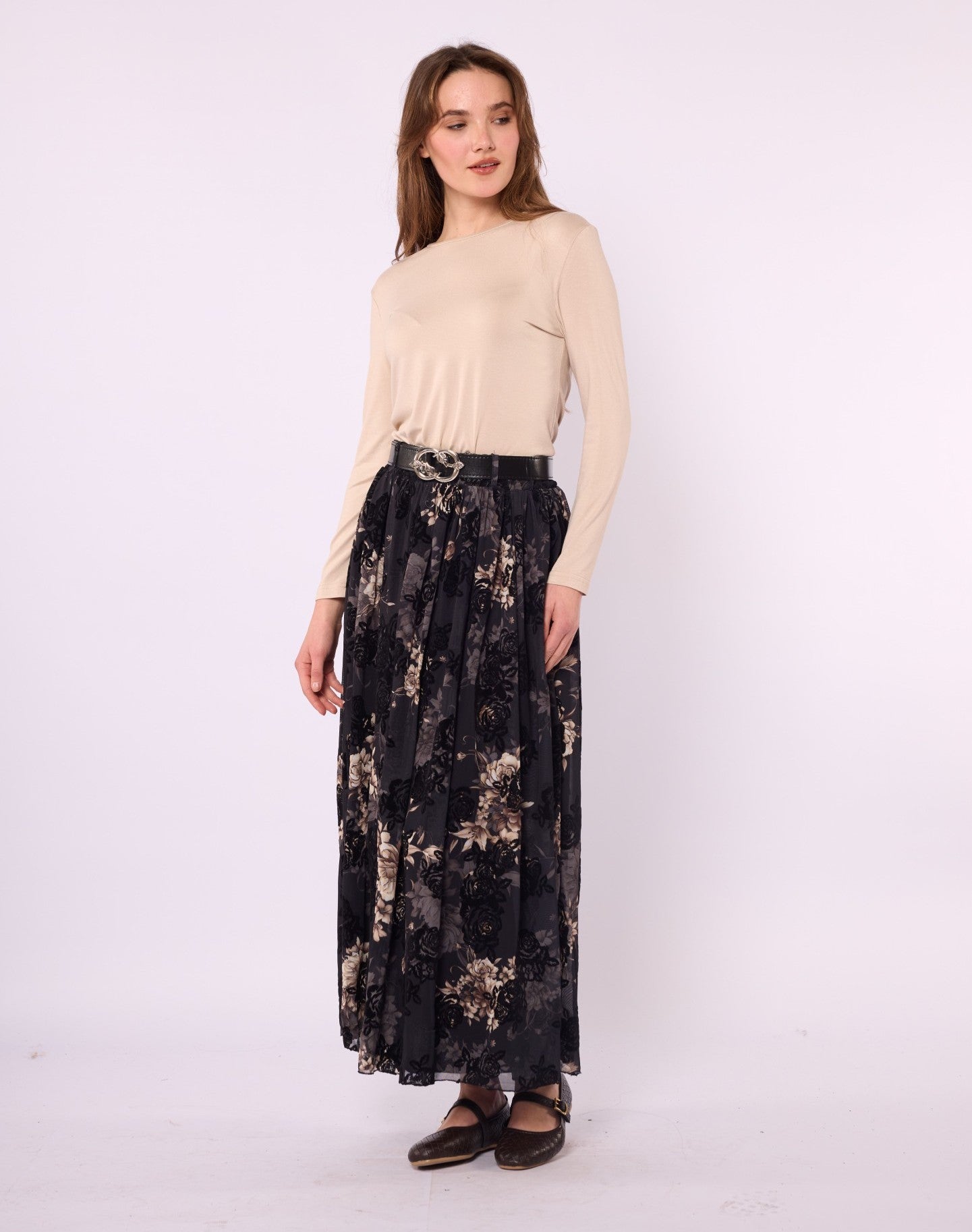 Gathered Chiffon Skirt with Suede Print and Belt Detail