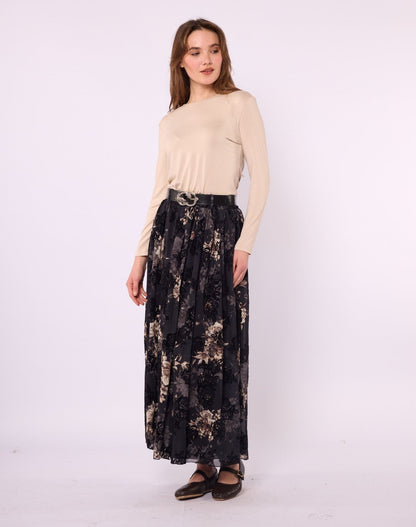Gathered Chiffon Skirt with Suede Print and Belt Detail