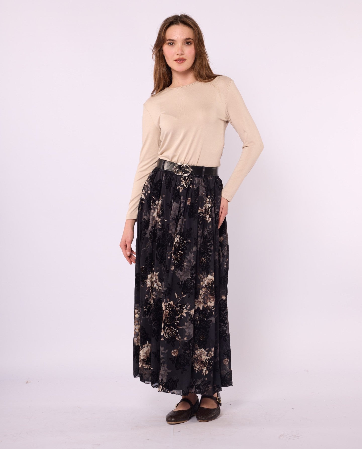 Gathered Chiffon Skirt with Suede Print and Belt Detail