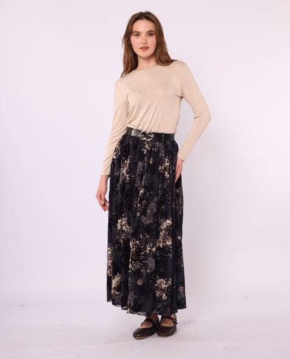 Gathered Chiffon Skirt with Suede Print and Belt Detail
