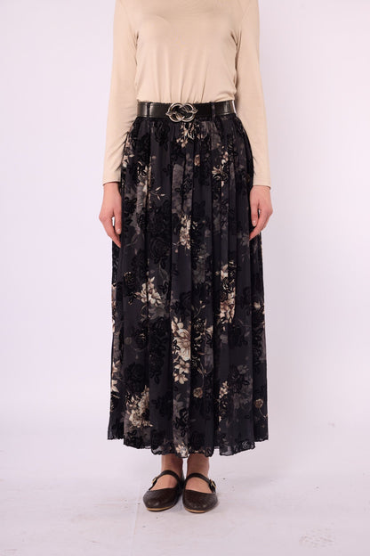 Gathered Chiffon Skirt with Suede Print and Belt Detail