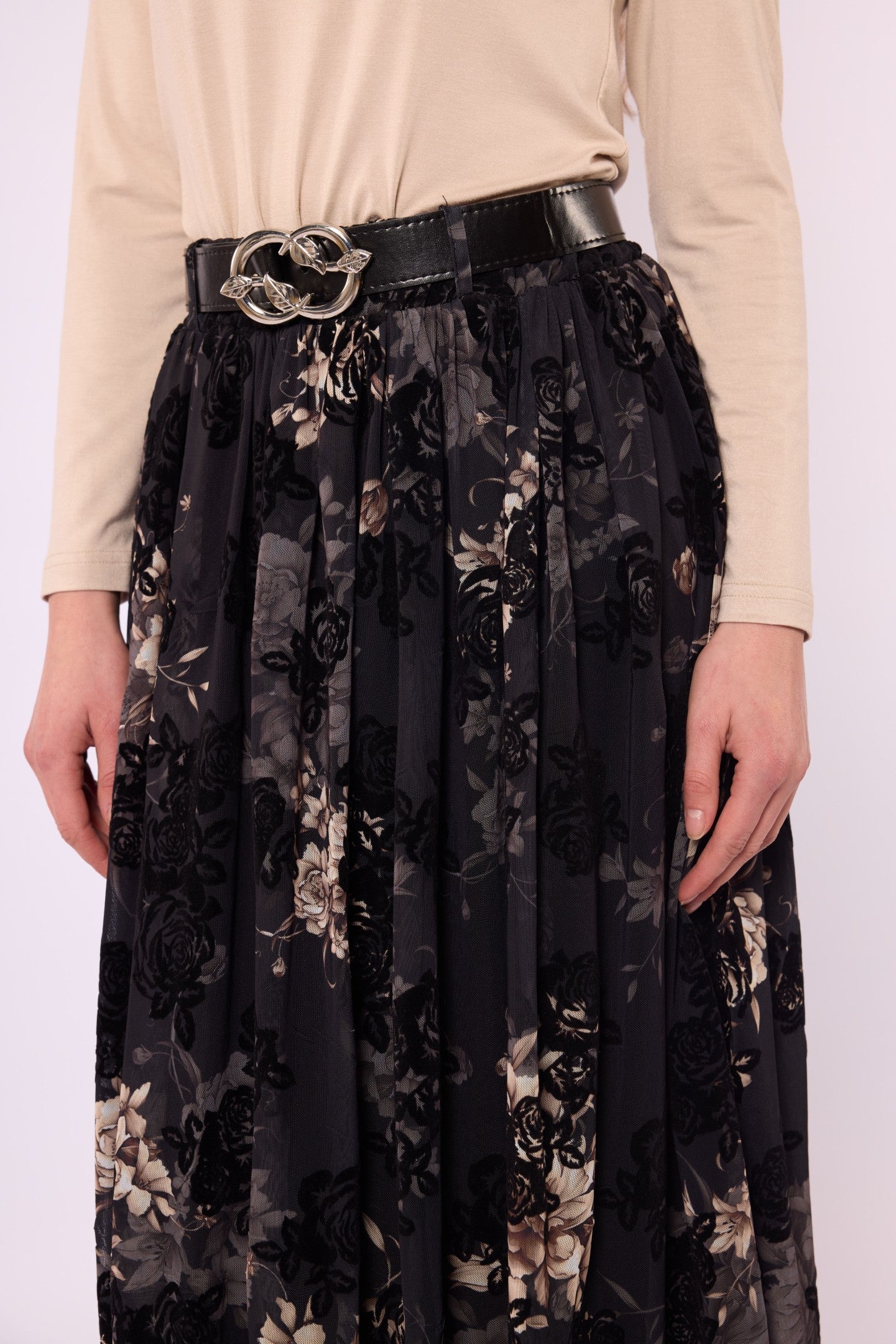 Gathered Chiffon Skirt with Suede Print and Belt Detail