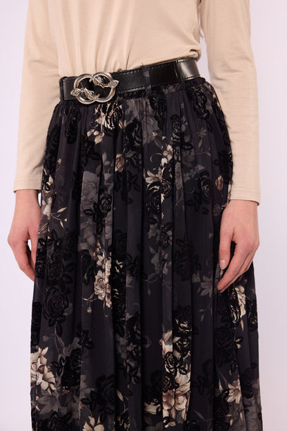 Gathered Chiffon Skirt with Suede Print and Belt Detail