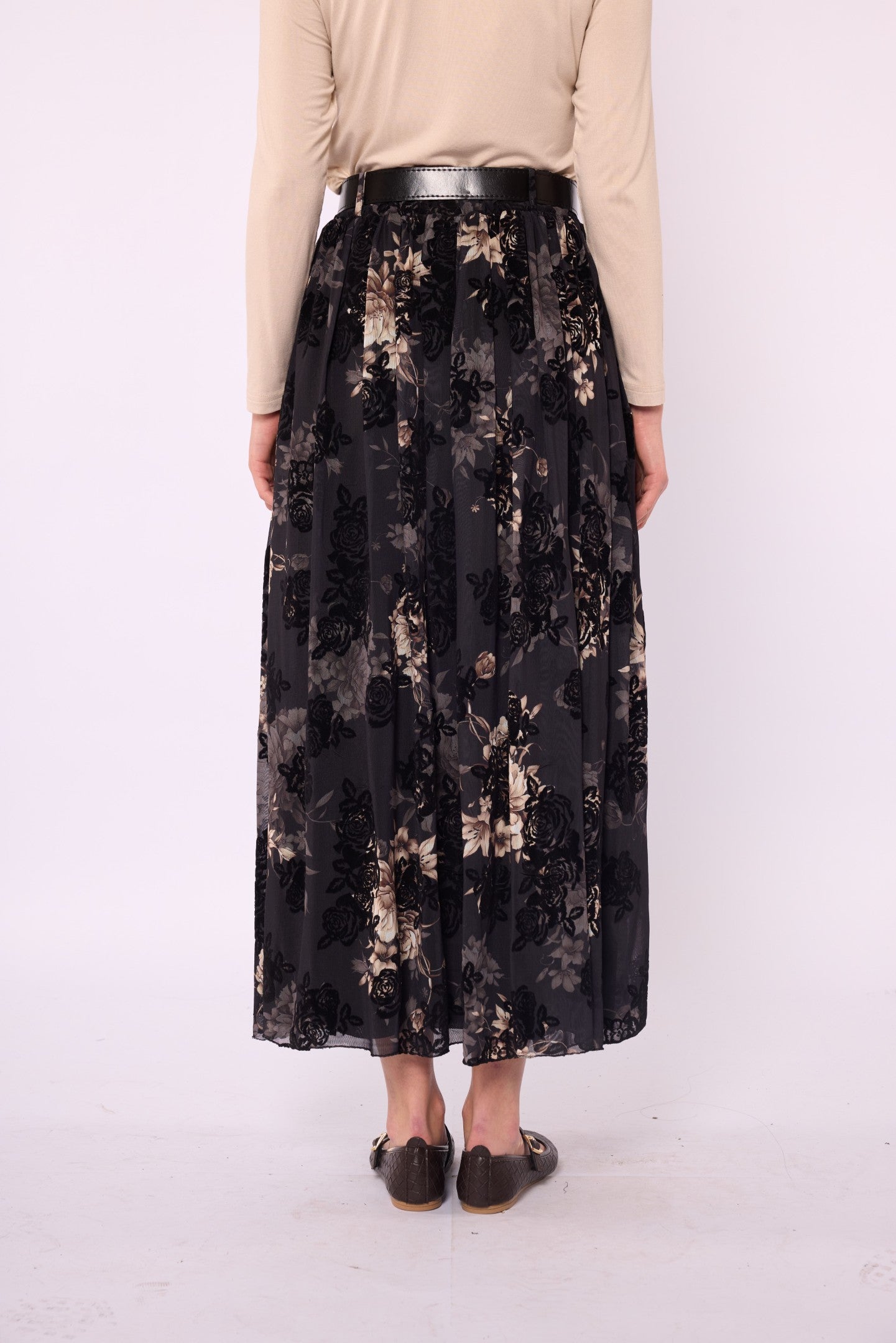 Gathered Chiffon Skirt with Suede Print and Belt Detail