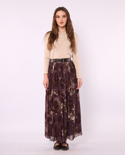 Gathered Chiffon Skirt with Suede Print and Belt Detail