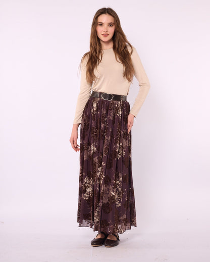 Gathered Chiffon Skirt with Suede Print and Belt Detail