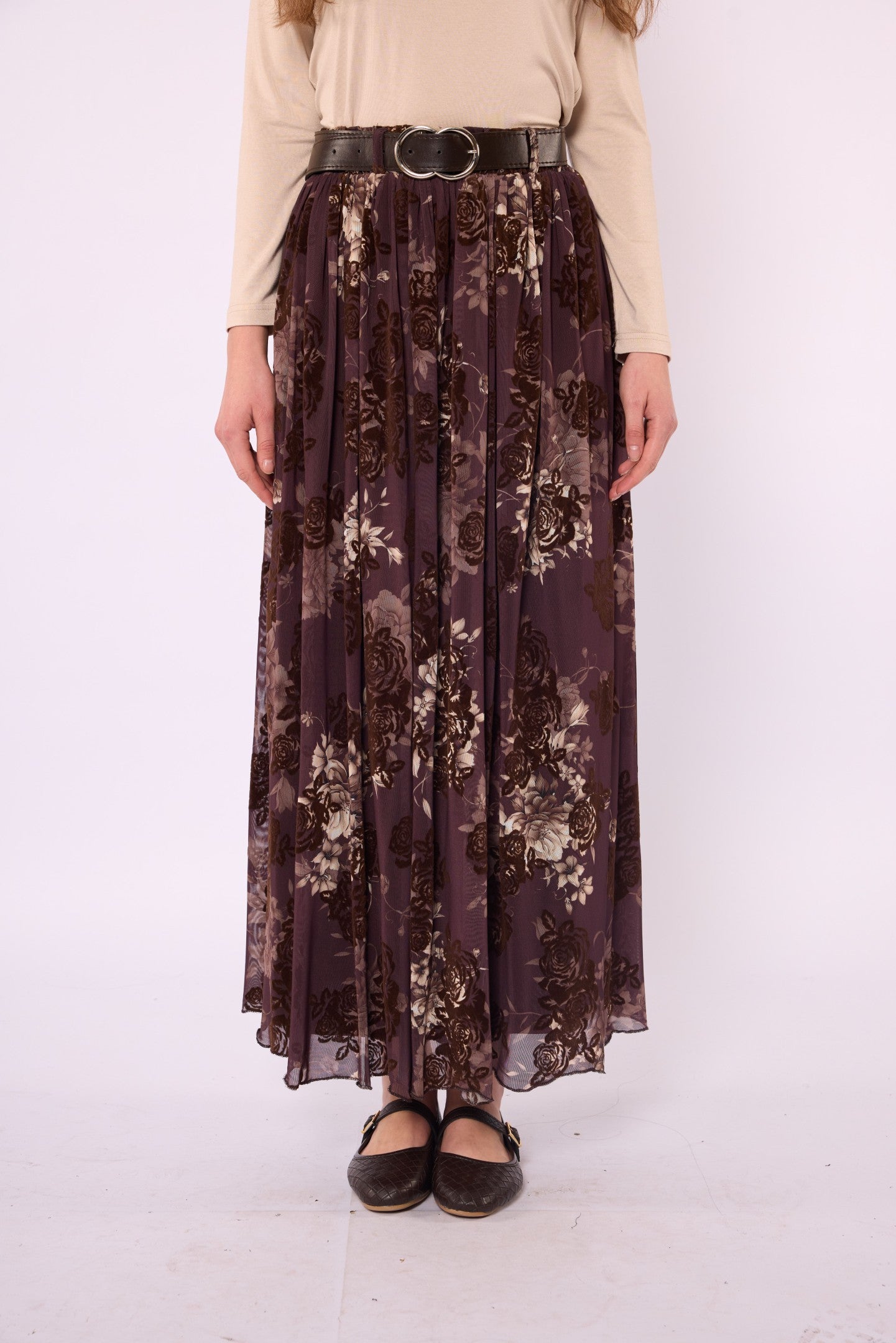 Gathered Chiffon Skirt with Suede Print and Belt Detail