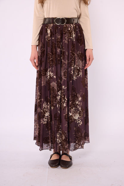 Gathered Chiffon Skirt with Suede Print and Belt Detail