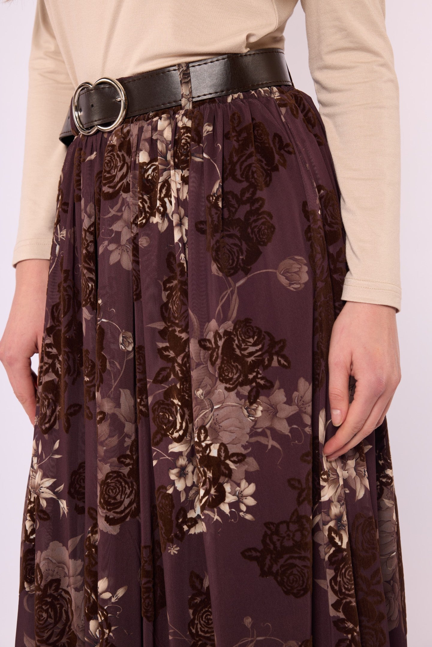 Gathered Chiffon Skirt with Suede Print and Belt Detail