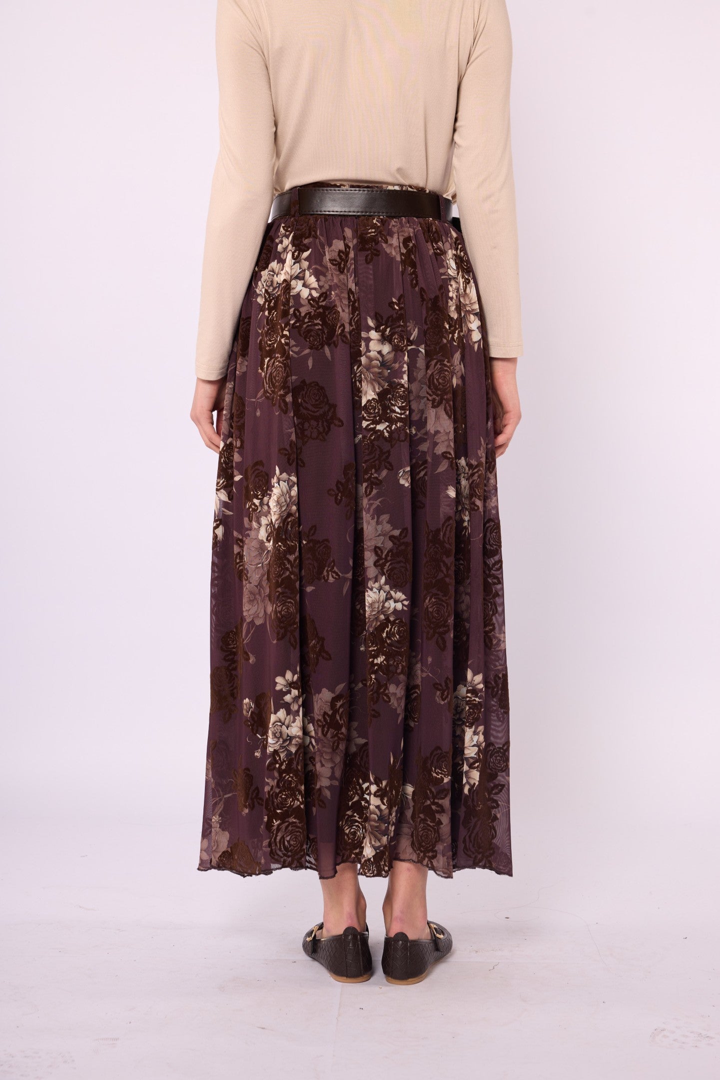 Gathered Chiffon Skirt with Suede Print and Belt Detail