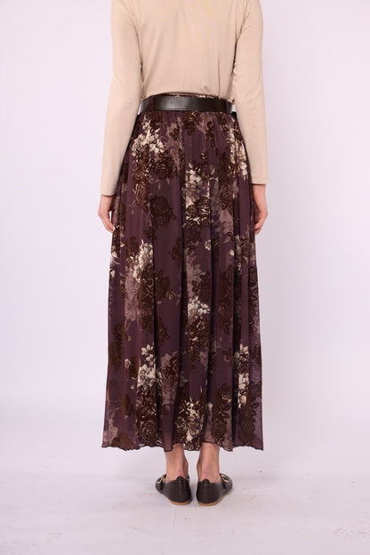 Gathered Chiffon Skirt with Suede Print and Belt Detail
