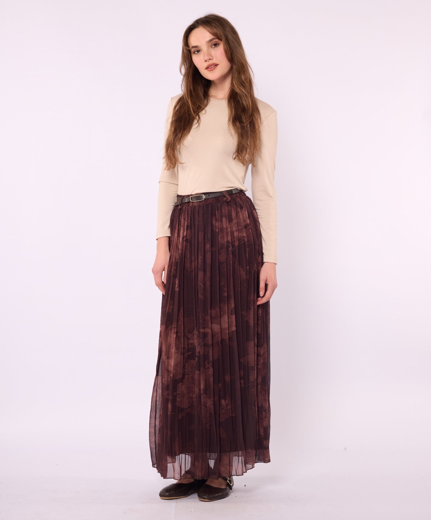 Dark Brown Patterned Chiffon Skirt with Belt Detail