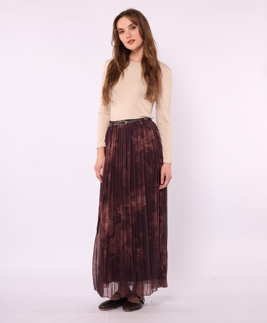 Dark Brown Patterned Chiffon Skirt with Belt Detail