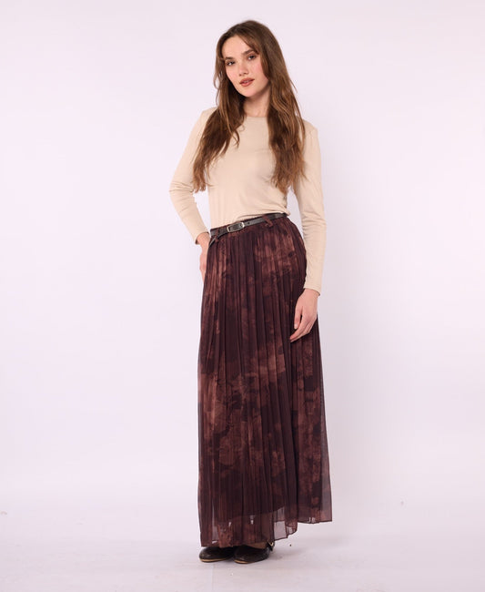 Dark Brown Patterned Chiffon Skirt with Belt Detail