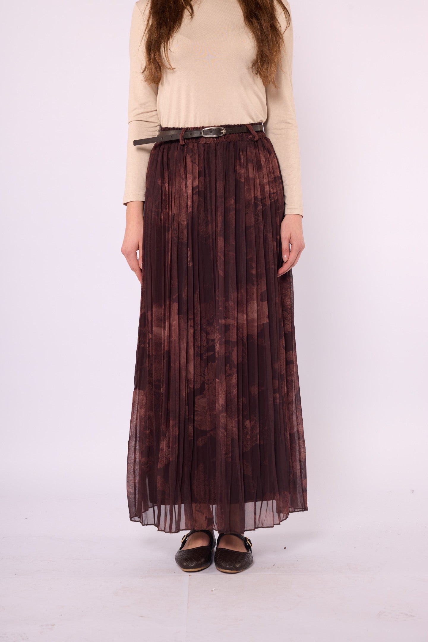 Dark Brown Patterned Chiffon Skirt with Belt Detail